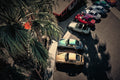 The Soft Machine by Frank Kayser — classic Porsche 911s beneath palms in a graphic West Coast gathering